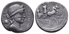 L. Farsuleius Mensor. 75 BC. AR Denarius. Diademed and draped bust of Liberty right; SC below chin, pileus and XLVIIII behind / Roma in biga assisting...