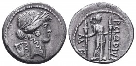 P. Clodius M.f. Turrinus . AR Denarius. 42 BC, Rome.
Obv. Laureate head of Apollo right; behind, lyre.
Rev. P.CLODIVS – ·M·F, Diana standing facing, w...