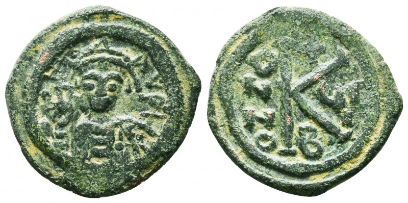 Maurice Tiberius, 582-602 AD, AE Half-Follis. Constantinople. DN MAVR TIBER PP A...