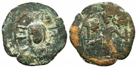 CRUSADERS. Edessa. Baldwin II, second reign, 1108-1118. Follis. Count Baldwin II, dressed in chain-armour and conical helmet, standing front, head to ...