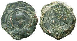 Crusader States, Antioch. Tancred, Regent. 1101-1103, 1104-1112. AE follis. [O / ΠE -- TPO]C, nimbate facing bust of St. Peter holding long cross in l...