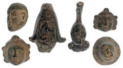 ROMA. Imperio Romano. Lote de seis apliques (I-III d.C.). Bronce. 1 leontiforme, 2 con representación de Attis, figura masculina con gorro frigio y 2 ...