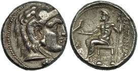 MACEDONIA. ALEJANDRO III. Tetradracma. Biblos (c. 330-320 a.C.). R/ Delante del trono monograma AP. AR 16,98 g. PRC-3426. MBC+.