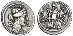 LICINIA. Denario. Roma (55 a.C.). A/ Punzón circular delante de la cabeza de Venus. CRAW-430.1. FFC-804. Contramarca y fina raya en anv. MBC-.