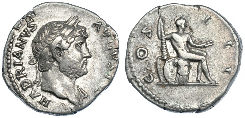 ADRIANO. Denario. Roma (125-128). R/ Hércules sentado a der.; COS III. RIC-148. ...