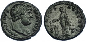 ADRIANO. As. Roma (125-127). R/ Salus a izq. alimentando serpiente sobre altar; SALVS AVGVSTI, S-C, exergo COS III. RIC-828. Pátina verde. MBC-.