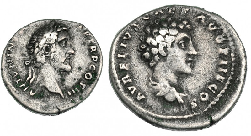 ANTONIO PÍO Y MARCO AURELIO. Denario. Roma (140). A/ Cabeza laureada de Antonino...