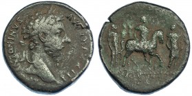 MARCO AURELIO. Sestercio. Roma (169-170). R/ Emperador a caballo a der.; delante y detrás soldados (PROFECTIO). RIC-977. Cospel abierto. BC/BC-. Rara....