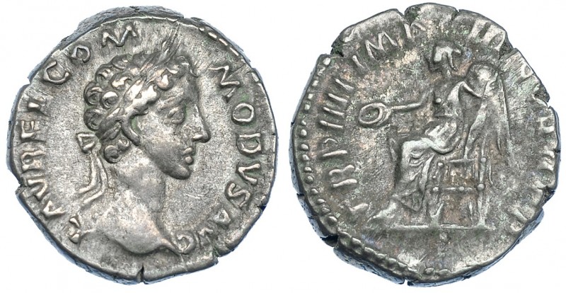 CÓMODO. Denario. Roma (179). R/ Victoria sentada a izq. con pátera y palma; TR P...