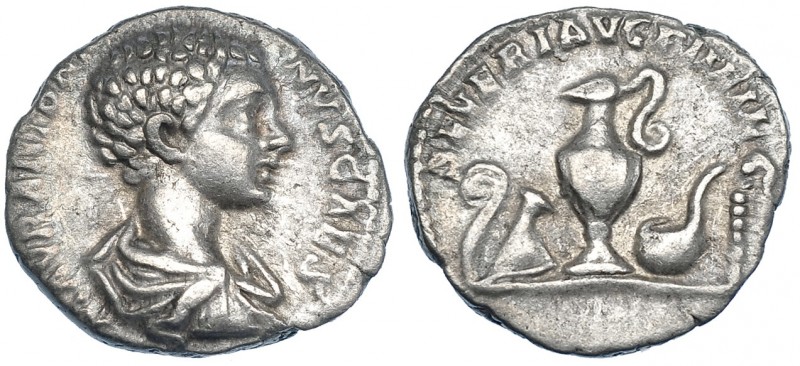 CARACALLA. Denario. Roma (¿196?). R/ Instrumentos sacerdotales; SEVERI AVG PII F...