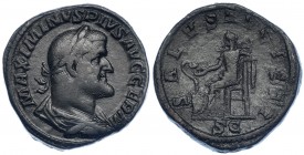 MAXIMINO I. Sestercio. Roma (235-236). R/ Salus sentada a izq. alimentando serpiente sobre altar; SALVS AVGVSTI, en exergo SC. RIC-64. MBC-/BC+.