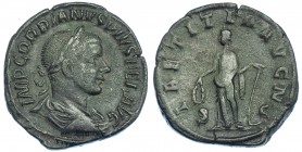 GORDIANO III. Sestercio. Roma (241-244). R/ Laetitia a izq. con corona y ancla; LAETITIA AVG N, S-C. RIC-300. Pátina oscura. MBC-.