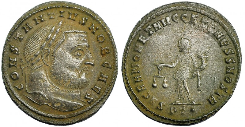 CONSTANCIO I. Follis. Ticinum (300-303). R/ Moneta a izq.; SACRA MONET AVGG ET C...