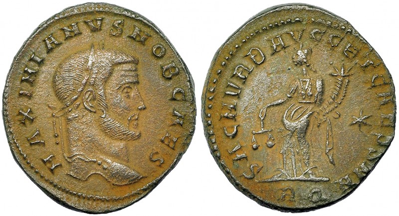 GALERIO MAXIMIANO. Follis. Roma (302-303). R/ Moneta a izq.; SAC MON VRB AVGG ET...