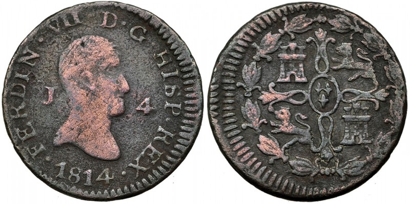 4 maravedíes. 1814. Jubia. VI-166. Rev. algo descentrado. BC+/MBC-. Rara.