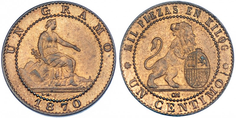 1 céntimo. 1870. Barcelona. OM. Reverso girado 25 grados. VII-1 vte. B.O. EBC+.