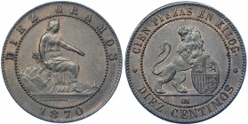 10 céntimos. 1870. Barcelona. OM. VII-6. R.B.O. EBC-/EBC.