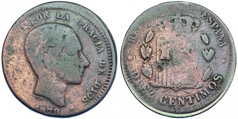 10 céntimos. 1879. Barcelona. OM. Falsa de época. Descentrada. Barrera 977. BC-....