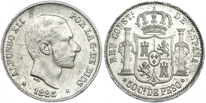 50 centavos de peso. 1885. Manila. VII-80. B.O. EBC/SC.