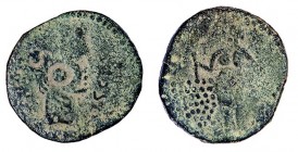 OSSET. As. ¿Augusto? A/ Cabeza masculina a der., delante ley. externa OSSET. Contramarca SO. R/ Figura desnuda a izq. con racimo de uvas. AE 6,18 g. R...
