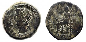 ITALICA. Dupondio. Tiberio. A/ Cabeza de Augusto radiada a izq., encima estrella, delante haz de rayos; PERM (AVG DIVVS AVGVSTVS PATE)R. R/ Livia sent...