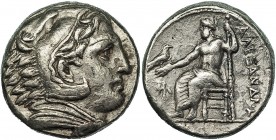 MACEDONIA. ALEJANDRO III. Tetradracma. Anfípolis (c. 325-323 a.C.). R/ Delante del trono Atenea. AR 16,81 g. PRC-105. Pequeñas erosiones. MBC/MBC-.