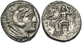 MACEDONIA. ALEJANDRO III. Tetradracma. Anfípolis (c. 325-320 a.C.). R/ Delante del trono monograma. AR 16,39 g. PRC-120. Leves concreciones. MBC/MBC+....