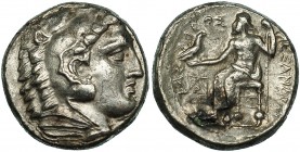 MACEDONIA. ALEJANDRO III. Tetradracma forrada. Anfípolis (c. 323-320 a.C.). R/ Delante del trono monograma. AR 14,06 g. PRC-121. Leve oxidación. MBC+/...