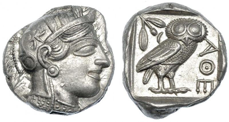 ÁTICA. Atenas. Tetradracma (454-405 a.C.). A/ Cabeza de Atenea a der. R/ Lechuza...