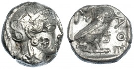 ÁTICA. Atenas. Tetradracma (454-405 a.C.). A/ Cabeza de Atenea a der. En la mejilla contramarca en forma de ¿pájaro volando o flor de lis? R/ Lechuza ...