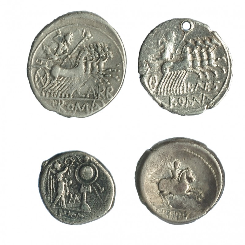 Lote 3 denarios (Antestia, Crepusia y Papiria) y un victoriato con marca MA. Tot...