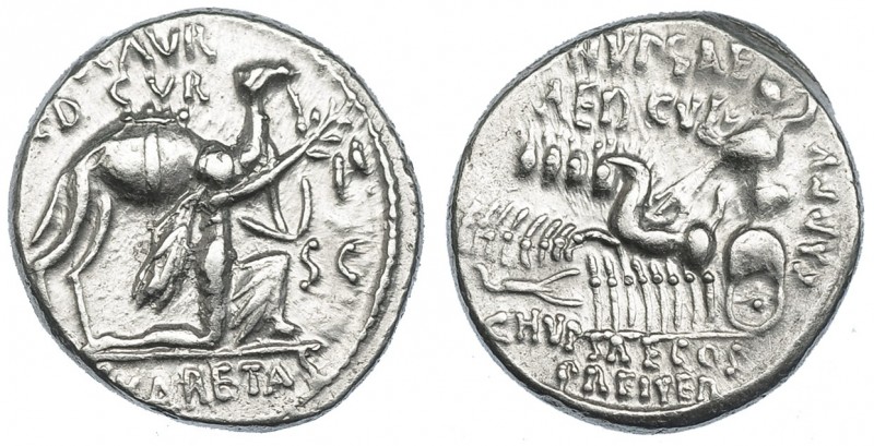 AEMILIA. Denario. Roma (58 a.C.). A/ Aretas con camello. R/ Júpiter en cuadriga....