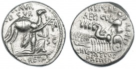 AEMILIA. Denario. Roma (58 a.C.). A/ Aretas con camello. R/ Júpiter en cuadriga. CRAW-422.1b. FFC-119. EBC-.