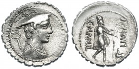 MAMILIA. Denario. Roma (82 a.C.). A/ Mercurio, marca de control I. CRAW-362.1. FFC-835. Vano en anv. EBC-.