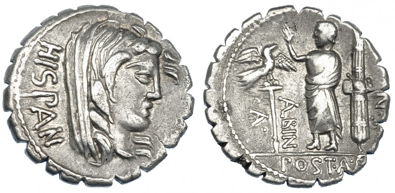 POSTUMIA. Denario. Roma? (81 a.C.). A/ Cabeza velada de Hispania a der.; HISPAN....