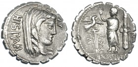 POSTUMIA. Denario. Roma? (81 a.C.). A/ Cabeza velada de Hispania a der.; HISPAN. R/ Togado entre aquila y fasces. CRAW-372.2. FFC-1072. MBC+/MBC.