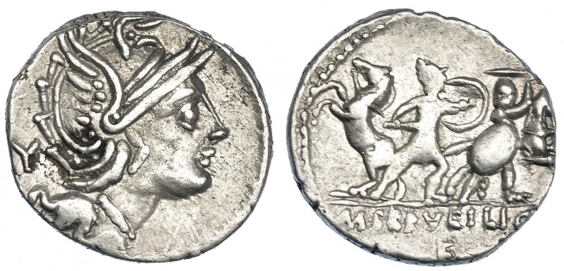 SERVILIA. Denario. Roma (100 a.C.). A/ Marca de control Y. R/ Marca de control F...