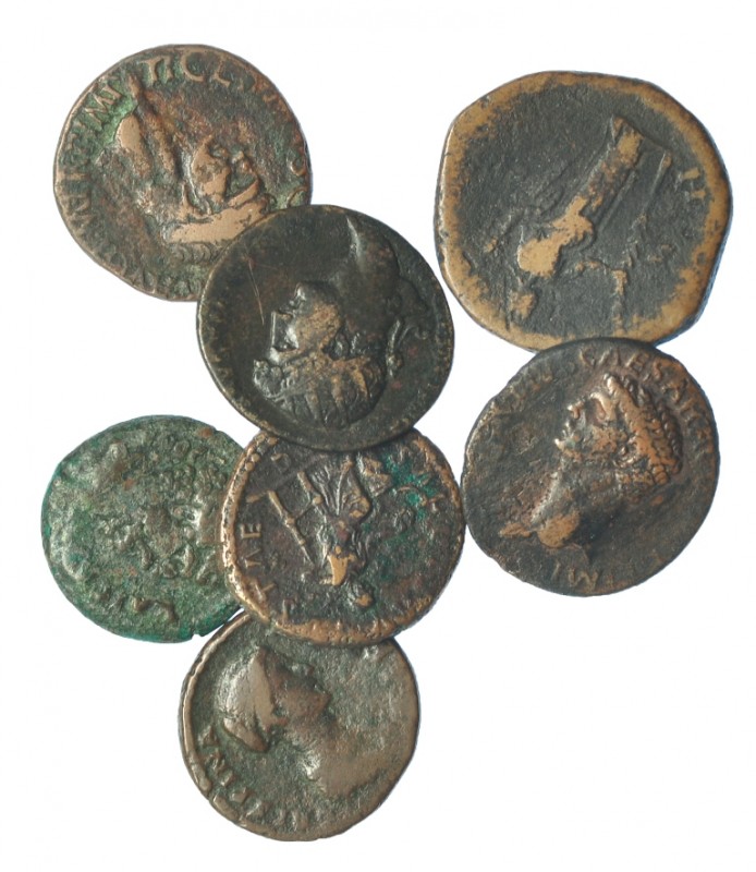 Lote 7 monedas: as de Claudio I (2), dupondio de Adriano (1), tetradracma de Ael...