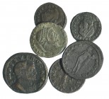 Lote 6 follis de varios módulos: Galerio (2). Severo, Galeria Valeria, Maximino Daza y Licinio II. BC/BC+.