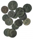Lote 16 pequeños bronces: Maximiano, Teodora, Constancio (9), Decencio, Juliano II (2), Valentiniano I y Valentiniano II. De BC a MBC.