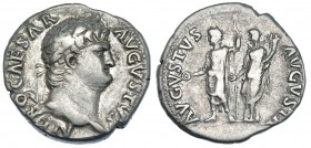 NERÓN. Denario. Roma (64-65 d.C.). R/ Nerón a izq. con pátera y cetro con la emperatriz; AVGVSTVS AVGVSTA. RIC-45. MBC/MBC-.
