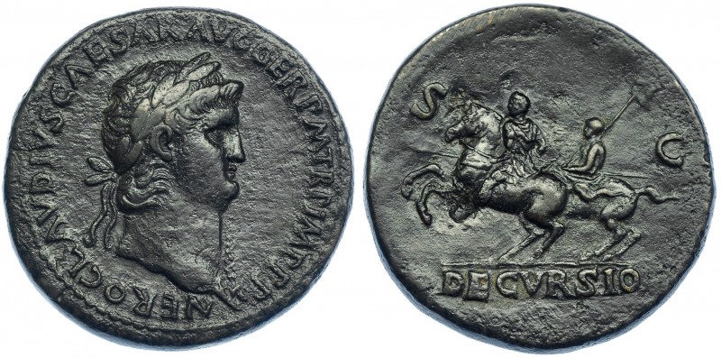 NERÓN. Sestercio. Roma (64 d.C.). R/ Emperador a caballo a izq. seguido por otro...