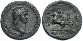 NERÓN. Sestercio. Roma (64 d.C.). R/ Emperador a caballo a izq. seguido por otro jinete con estandarte; DECVRSIO, S-C. RIC-165. Erosión en anv. Trazas...