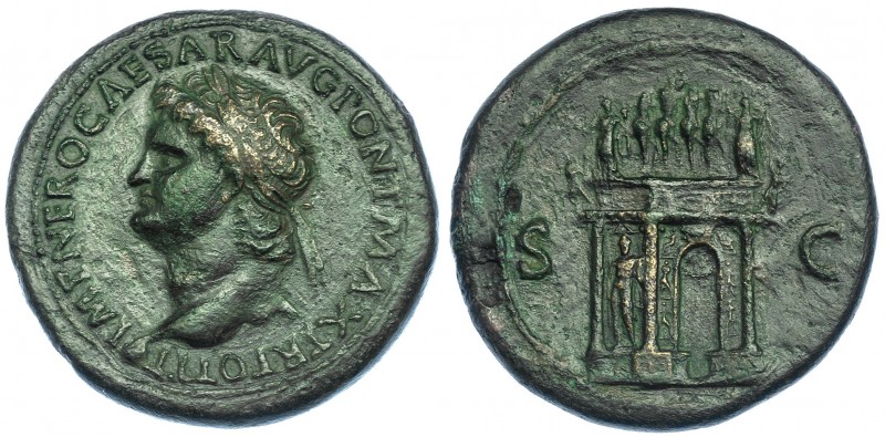 NERÓN. Sestercio. Lugdunum (66-67). R/ Arco triunfal, en la parte superior emper...