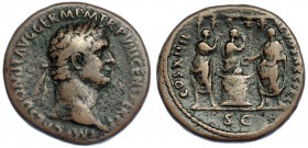 DOMICIANO. As. Roma (88-89). R/ Escena de sacrificio delante de templo; COS XIIII LVD SAEC FEC, SC. RIC-385. BC+. Muy escasa.