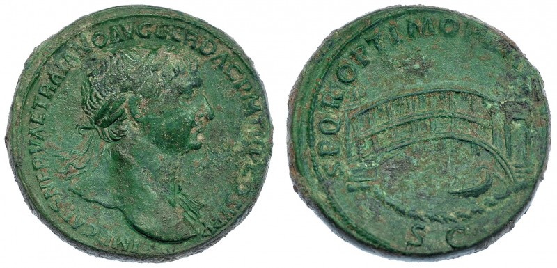 TRAJANO. Sestercio. Roma (103-111 d.C.). A/ Cabeza laureada a der. con égida sob...