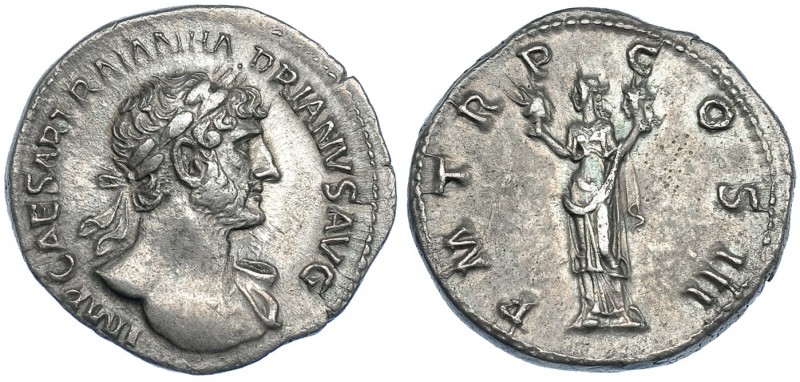 ADRIANO. Denario. Roma (119-122). R/ Aeternitas a izq. con cabeza del Sol y la L...