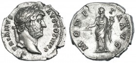 ADRIANO. Denario. Roma (134-138). R/ Moneta a izq. con balanza y cornucopia; MONETA AVG. RIC-256. Cospel abierto. EBC-.