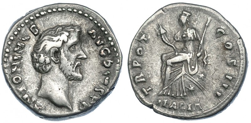 ANTONINO PÍO. Denario. Roma (140-143). R/ Italia sentada a izq.; TR POT COS III,...