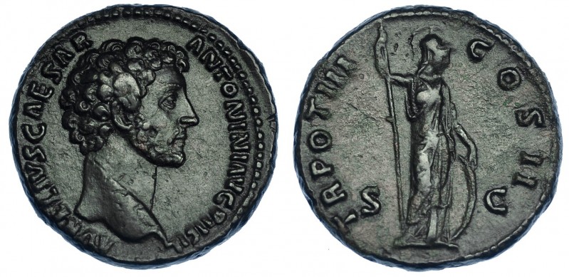 MARCO AURELIO. As. Roma (149-150). R/ Minerva a der. con lanza y escudo; TR POT ...